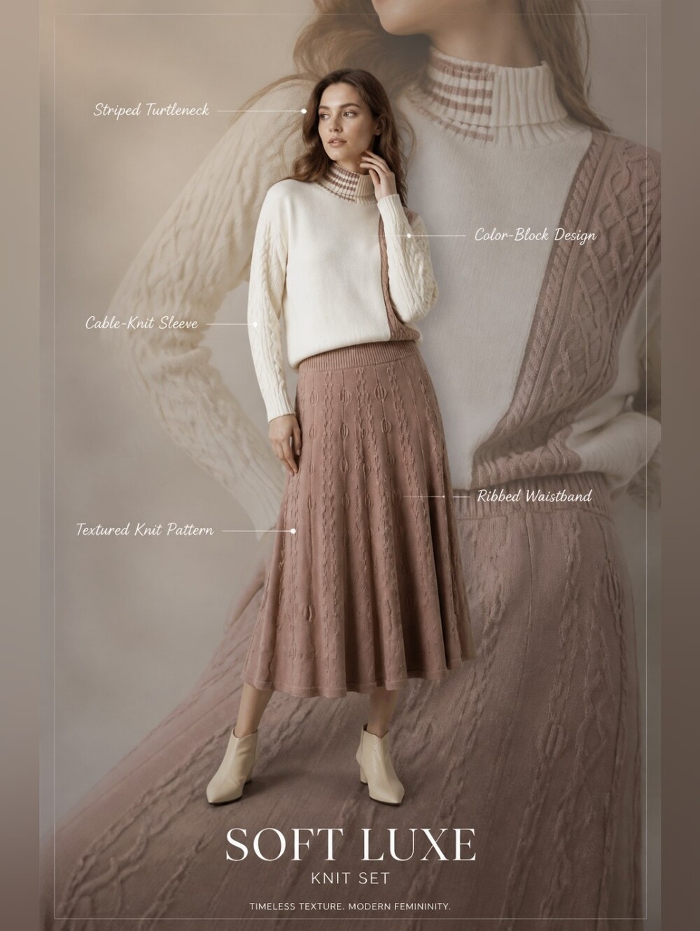 Knit Cable Midi Skirt in Taupe